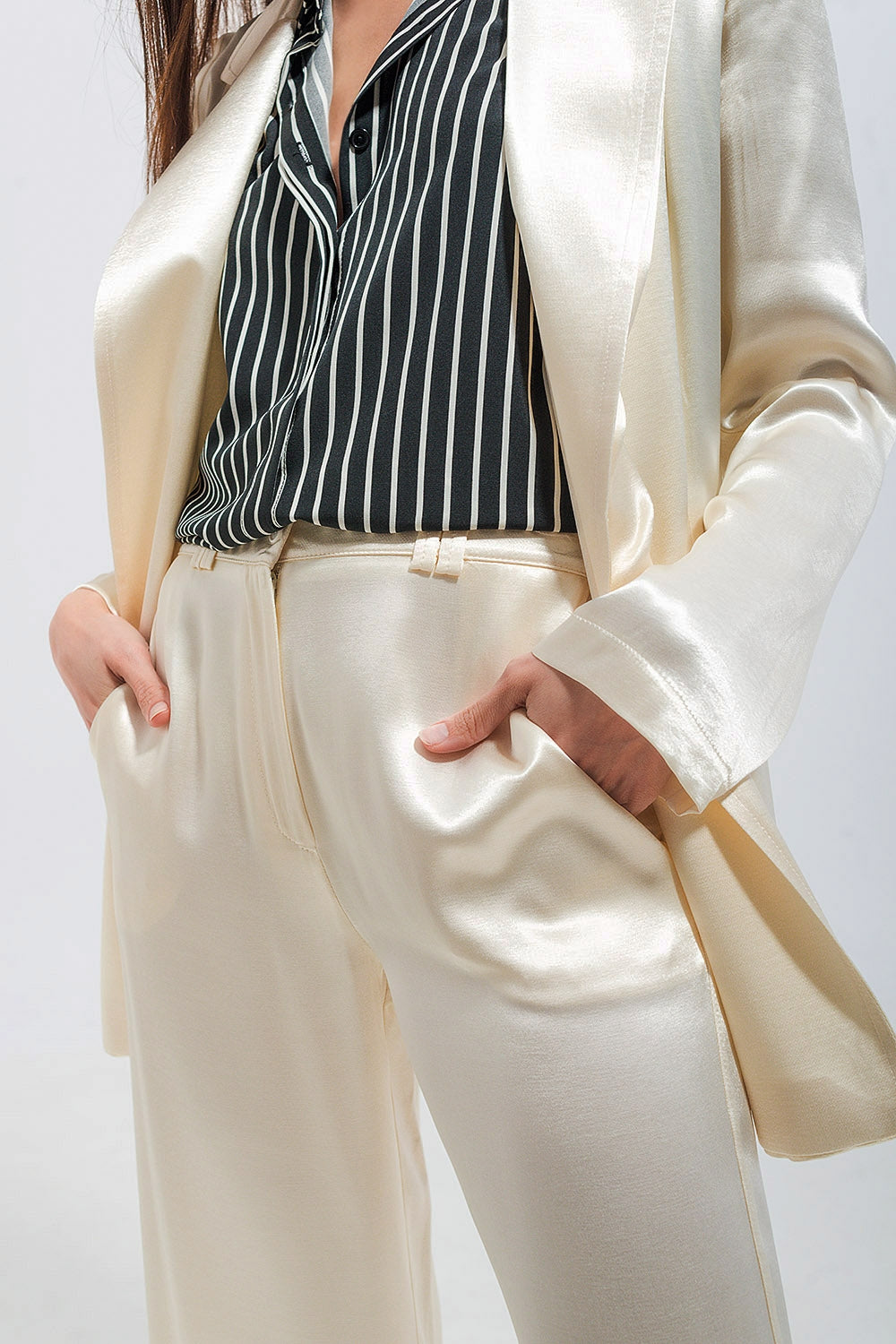 Satin Wide Leg Suit Pants in Cream