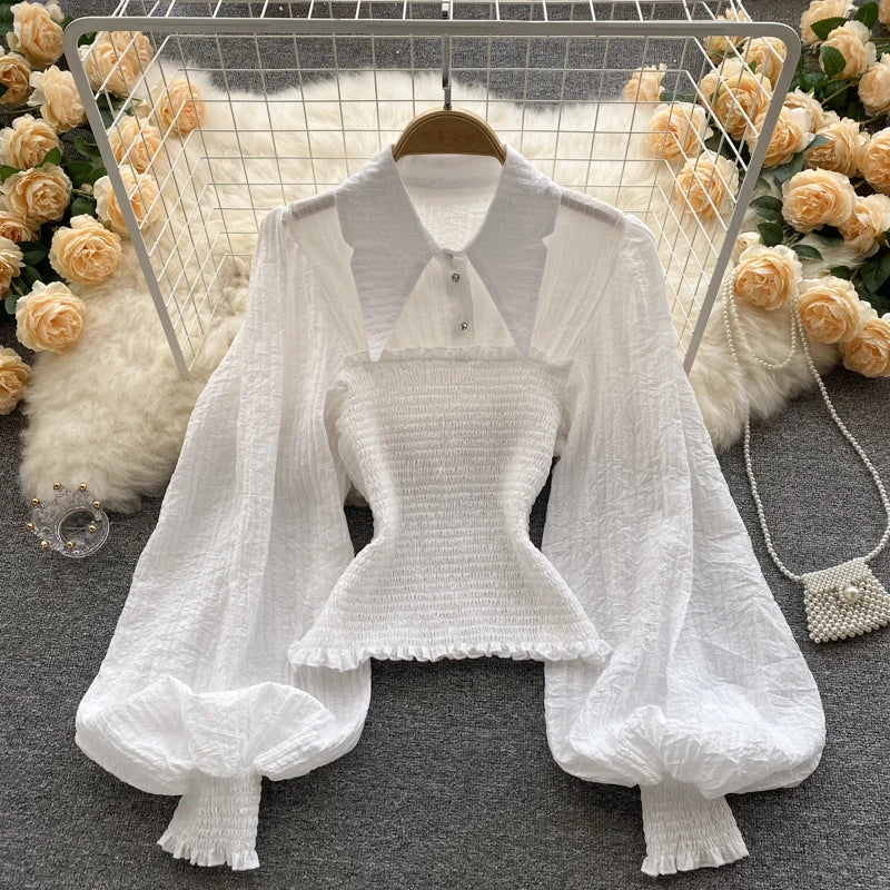 Women's Fashion Pleated Retro Lantern Sleeves Design Sense Short Shirts Ladies Tops