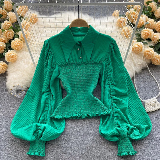 Women's Fashion Pleated Retro Lantern Sleeves Design Sense Short Shirts Ladies Tops