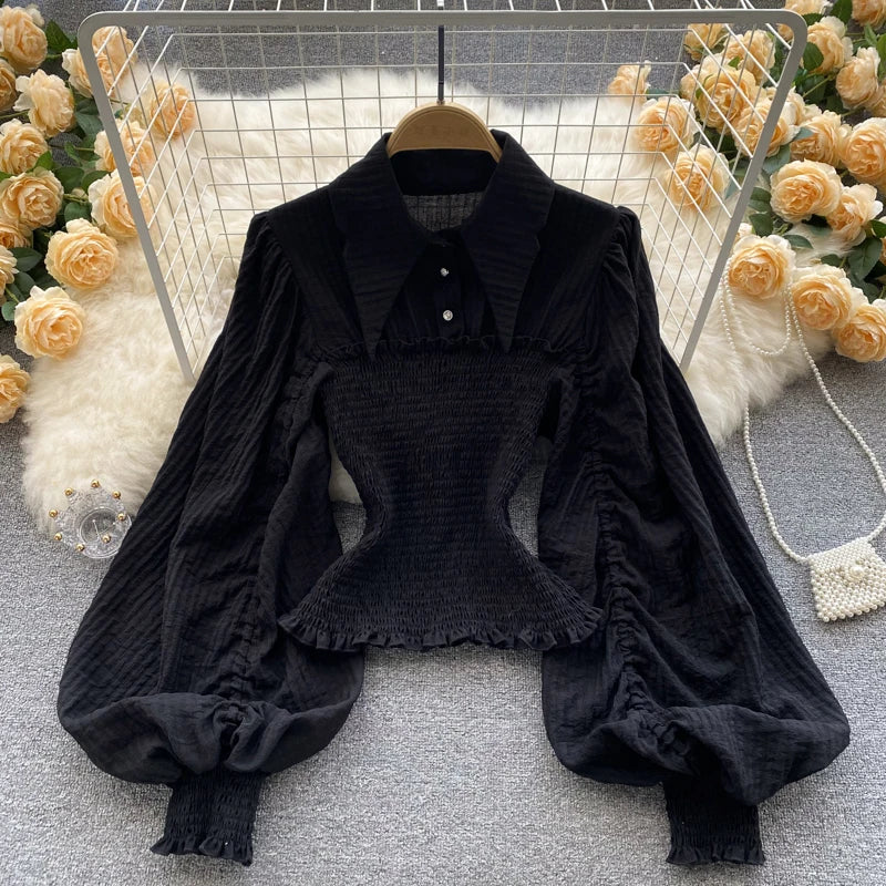 Women's Fashion Pleated Retro Lantern Sleeves Design Sense Short Shirts Ladies Tops