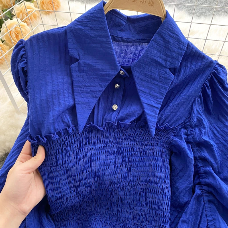 Women's Fashion Pleated Retro Lantern Sleeves Design Sense Short Shirts Ladies Tops