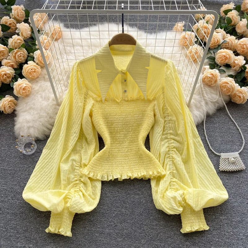 Women's Fashion Pleated Retro Lantern Sleeves Design Sense Short Shirts Ladies Tops