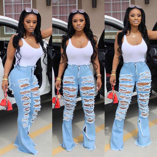Wide Leg Ripped Street Trend Bell Bottom Denim Jeans Women