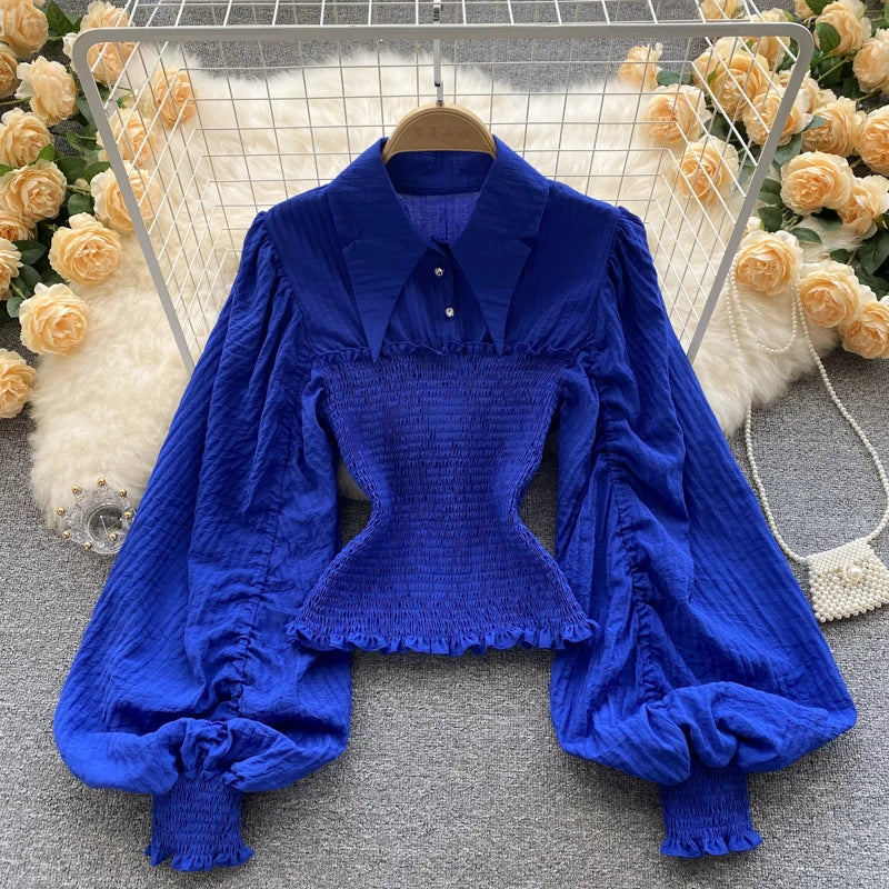 Women's Fashion Pleated Retro Lantern Sleeves Design Sense Short Shirts Ladies Tops