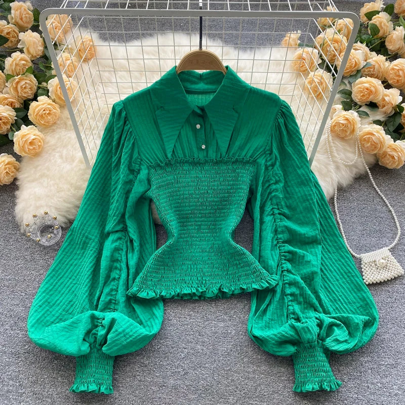 Women's Fashion Pleated Retro Lantern Sleeves Design Sense Short Shirts Ladies Tops