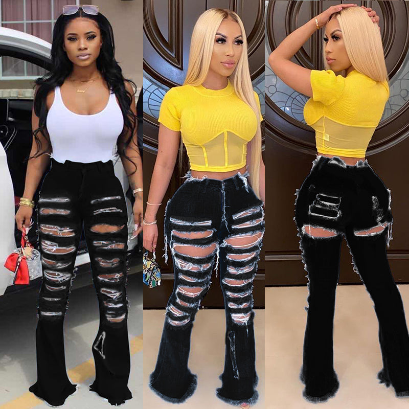 Wide Leg Ripped Street Trend Bell Bottom Denim Jeans Women