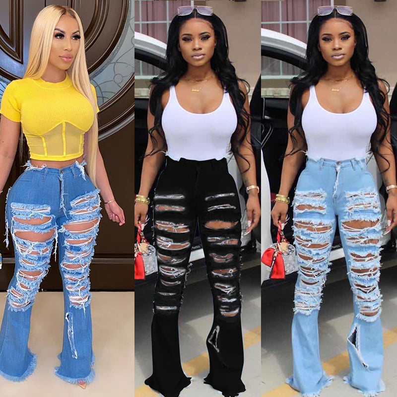 Wide Leg Ripped Street Trend Bell Bottom Denim Jeans Women