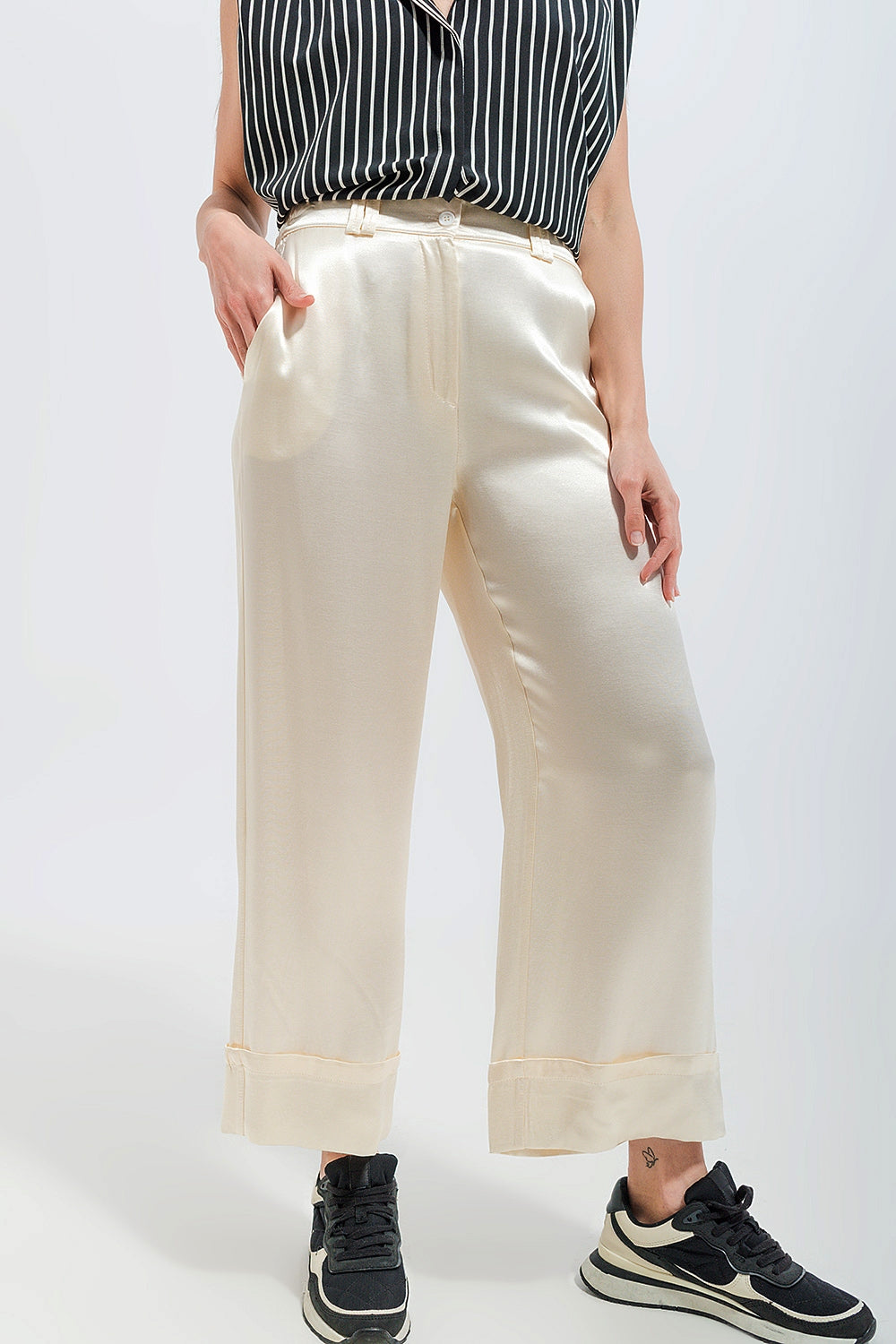 Satin Wide Leg Suit Pants in Cream